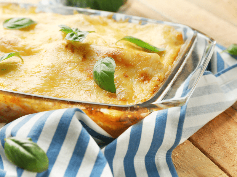 lasagna in glass baking dish