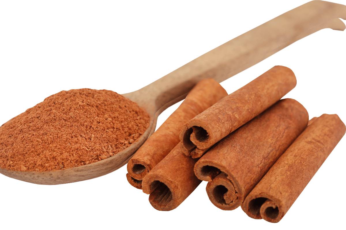 "A wooden spoon filled with ground cinnamon powder next to a group of whole cinnamon sticks,