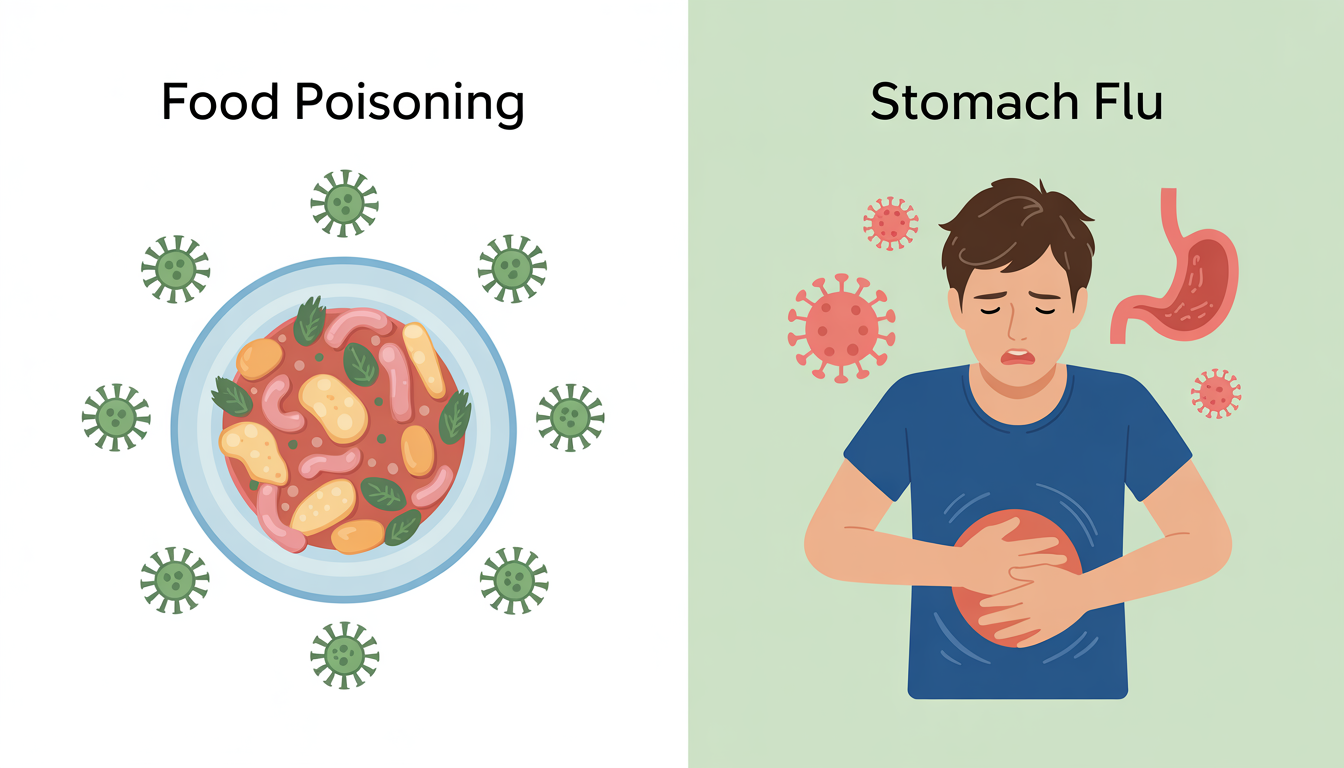 A comparison image showing food poisoning with contaminated food and stomach flu with a person holding their stomach.