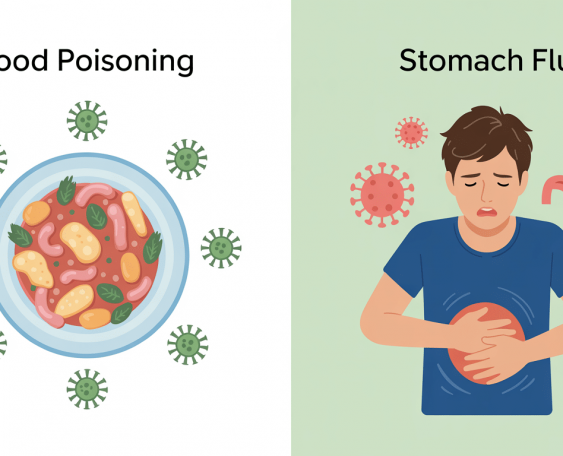 A comparison image showing food poisoning with contaminated food and stomach flu with a person holding their stomach.