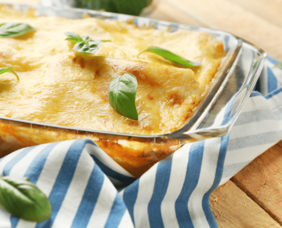 lasagna in glass baking dish